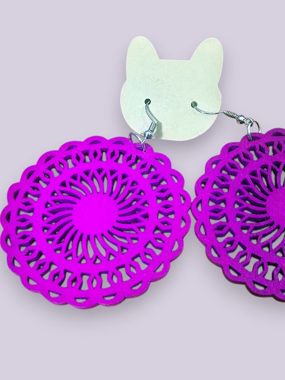 Boho Fuchsia Laser Cut Wood Mandala Earrings Magenta Geometric Filigree Hoop Da